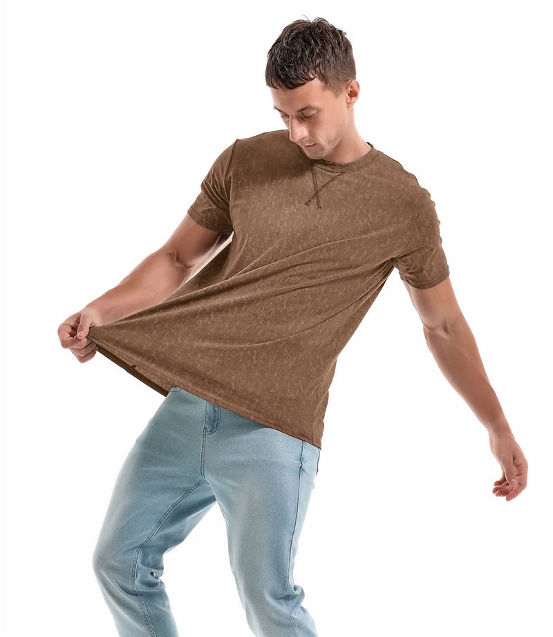 KLIEGOU Men's T-Shirts - Elasticity Cotton Crew Neck Tees 2166 Khaki XXXL - Image 4