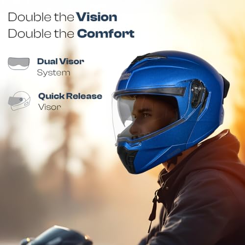 STUDDS Trooper ISI and DOT Certified Gloss Finish Flip-up Full Face Helmet for Men and Women with Inner Sun Visor Flame Blue M - Image 2