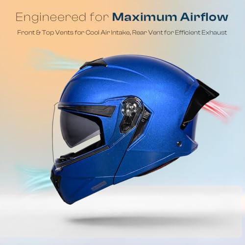 STUDDS Trooper ISI and DOT Certified Gloss Finish Flip-up Full Face Helmet for Men and Women with Inner Sun Visor Flame Blue M - Image 3