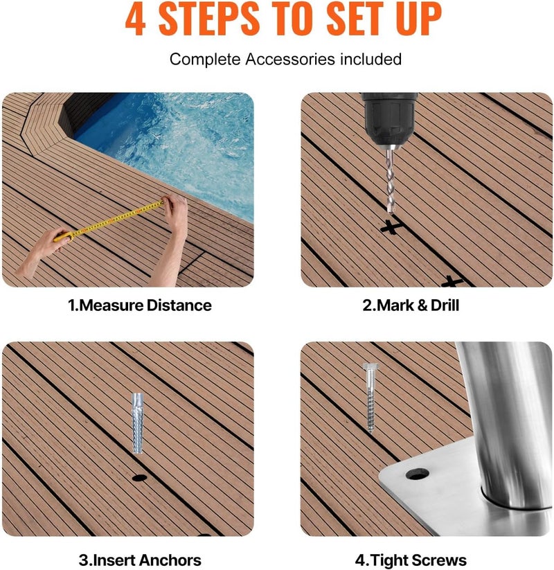 VEVOR Pool Handrail, 39 x 32 inch Pool Railing, Stainless Steel with Base Plate for Indoor/Outdoor Pools,Swimming Pool Safety Railing for Decks,Rust-Proof Grab Bar w/Grip Cover&Accessories for Spas - Image 5