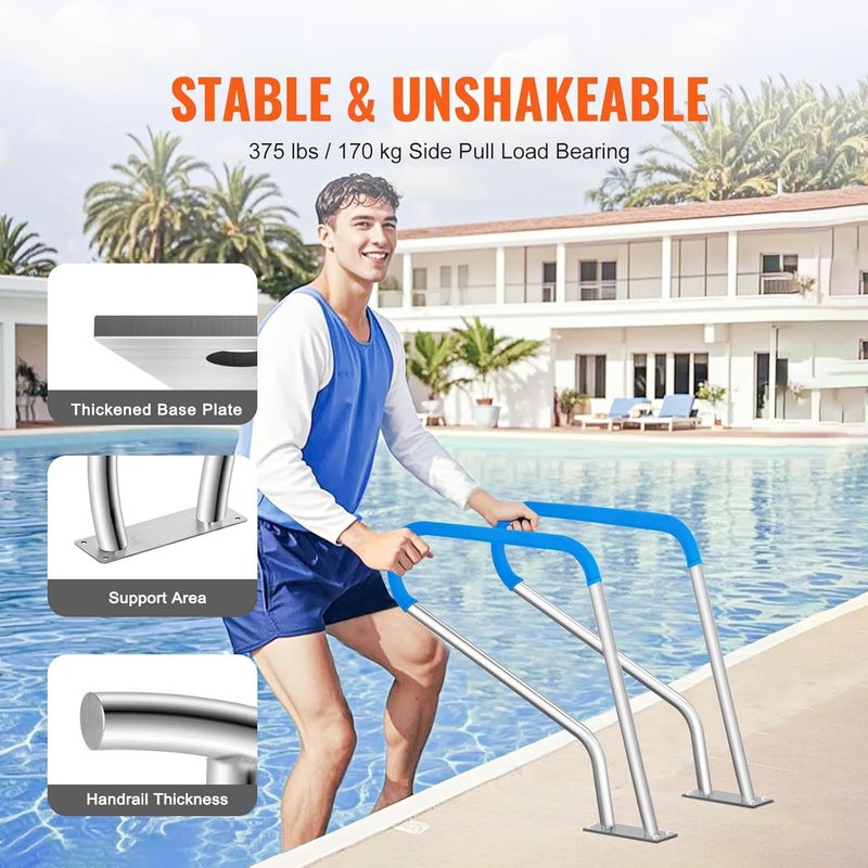VEVOR Pool Handrail, 39 x 32 inch Pool Railing, Stainless Steel with Base Plate for Indoor/Outdoor Pools,Swimming Pool Safety Railing for Decks,Rust-Proof Grab Bar w/Grip Cover&Accessories for Spas - Image 3