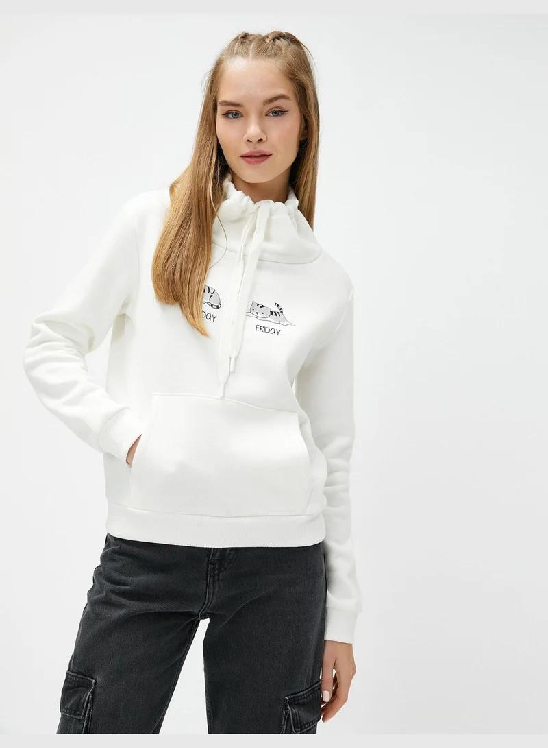 كوتون Shawl Collar Printed Kangaroo Pocket Detail Sweatshirt