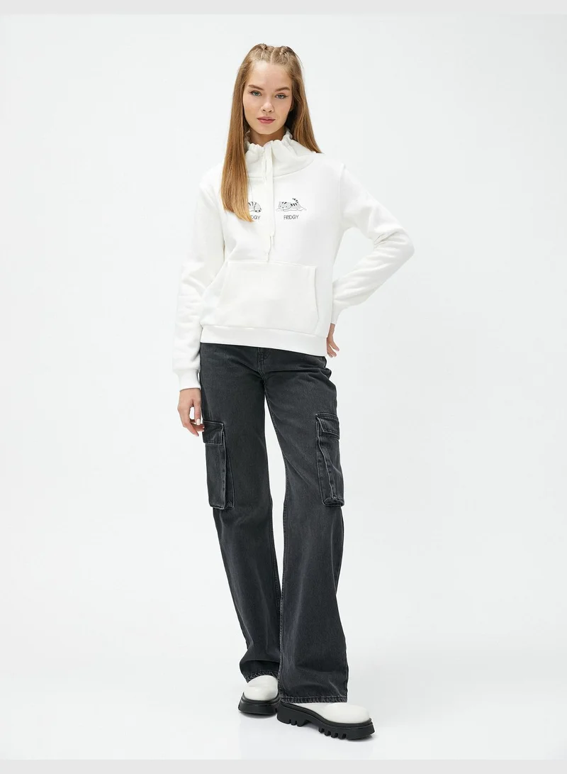 كوتون Shawl Collar Printed Kangaroo Pocket Detail Sweatshirt