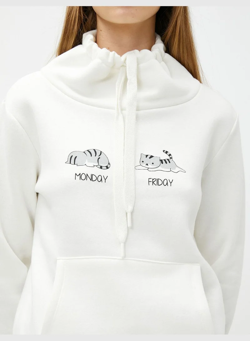 كوتون Shawl Collar Printed Kangaroo Pocket Detail Sweatshirt