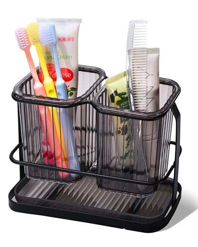 KONE Black Toothbrush Holders for Bathrooms 2 Cups Toothbrush Holders Wall Mounted Dry  Wet Separation Bathroom Organizers and Storage Bathroom Toothbrush Holder Set for Family Kids