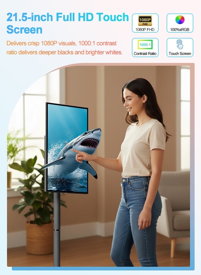 VLH D02 21.5 Inch Smart Portable TV, 1080P Touch Screen Monitor on Rolling Wheels, 8MP Camera, EDLA-Certified, 6GB RAM 128GB Storage, 4-6H Battery, Rotatable Screen with Stand, Wireless Casting - Image 2