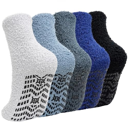 CaiDieNu Fuzzy Socks for Men with Grippers, Fluffy Slipper Socks Winter Warm Thick Home Hospital Cozy Non-slip Socks 5 Pairs - Image 3