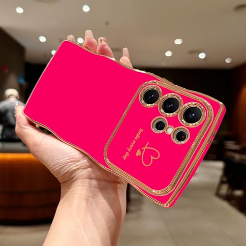 LCHULLE for Samsung Galaxy S26 Ultra Case for Women Girls, Cute Wave Frame Curly Shape with Love Heart Raised Camera Protection Cover Luxury Plating Shockproof Phone Case for Galaxy S26 Ultra,Hot Pink - Image 2