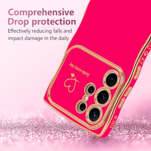 LCHULLE for Samsung Galaxy S26 Ultra Case for Women Girls, Cute Wave Frame Curly Shape with Love Heart Raised Camera Protection Cover Luxury Plating Shockproof Phone Case for Galaxy S26 Ultra,Hot Pink - Image 3