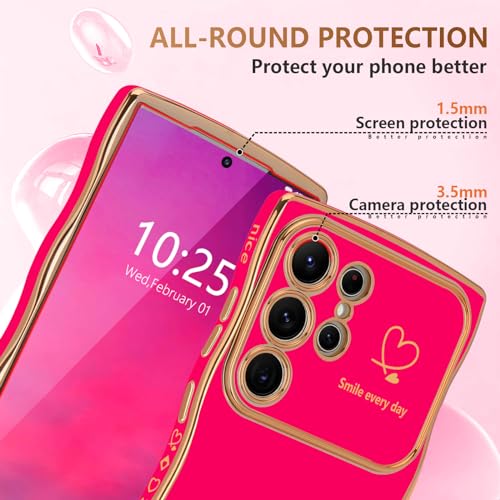 LCHULLE for Samsung Galaxy S26 Ultra Case for Women Girls, Cute Wave Frame Curly Shape with Love Heart Raised Camera Protection Cover Luxury Plating Shockproof Phone Case for Galaxy S26 Ultra,Hot Pink - Image 4