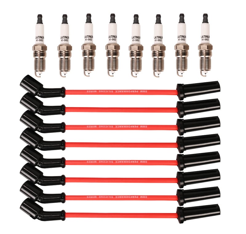 Spark Plug Wires Set 9748HH 80mm Red 41962 Spark Plugs Compatible with Cadillac Escalade Chevy Silverado Suburban Tahoe GMC Sierra Yukon 16Pack