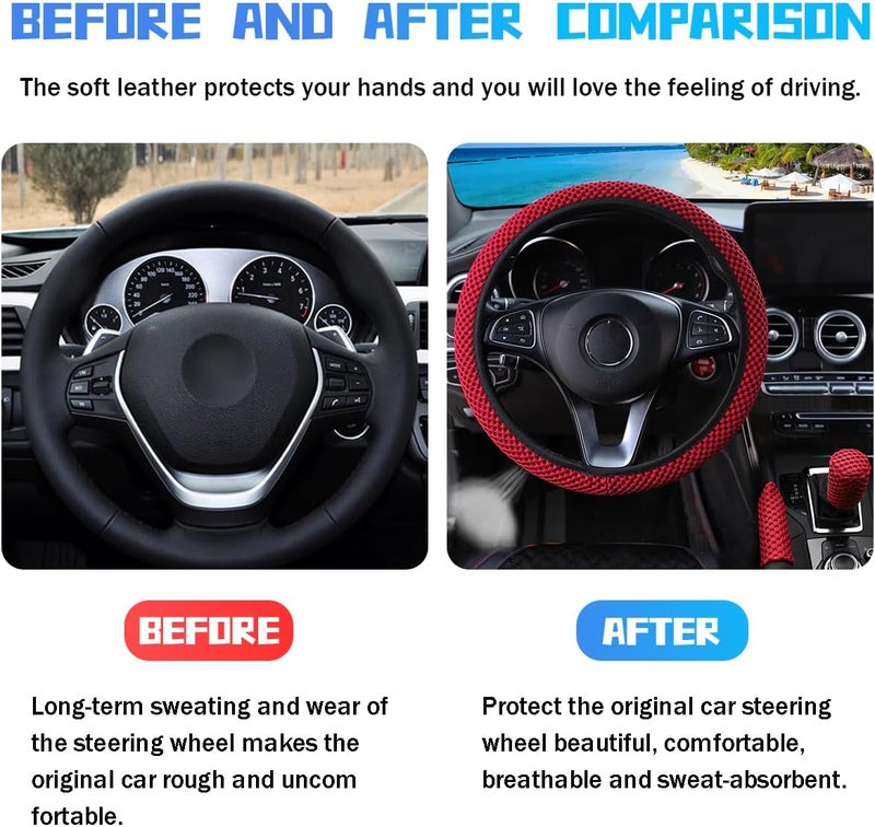 Bittwee 3PCS 15Inch Car Steering Wheel Cover Armrest Cover Gear Shift Cover Set, Microfiber Breathable Anti-Slip Automotive Steering Wheel Protector, Vehicle Interior Decor, Universal Fit（Wine Red） Daily universal pick - Image 3