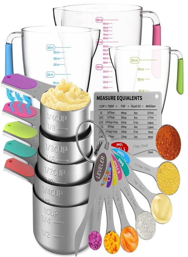 Minteem Magnetic Measuring Cups and Spoons Set, 5 Stainless Steel Measuring Cups, 7 Magnetic Measuring Spoons & 1 Leveler, 3 Plastic Measuring Cup with 1 Measuring Conversion Chart - Image 1