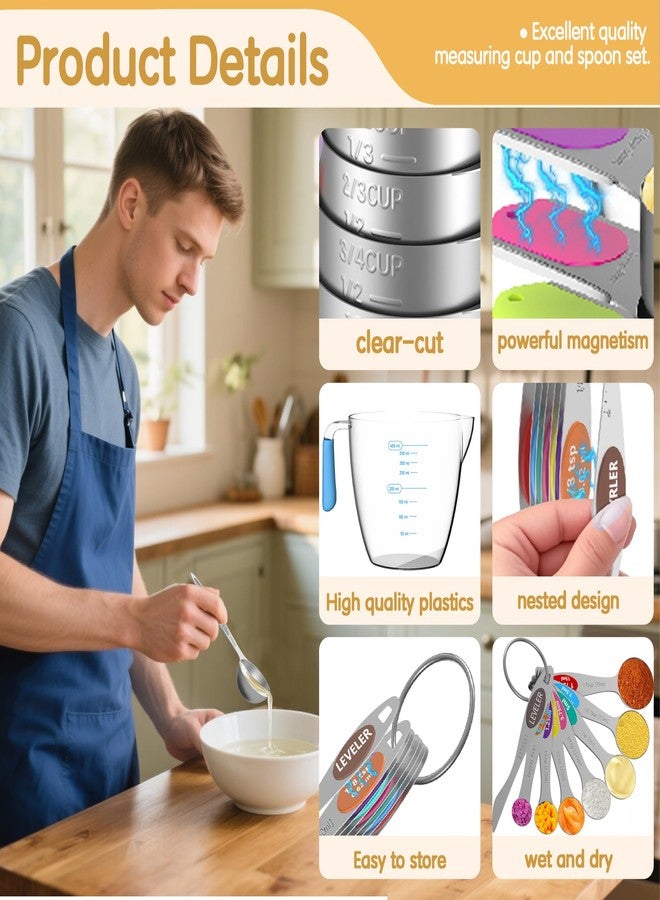 Minteem Magnetic Measuring Cups and Spoons Set, 5 Stainless Steel Measuring Cups, 7 Magnetic Measuring Spoons & 1 Leveler, 3 Plastic Measuring Cup with 1 Measuring Conversion Chart - Image 2
