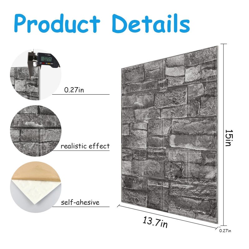Greymond 3D Wall Panels Peel and Stick in Black Grey Stone, 20 PCS XPE Foam 3D Wallpaper, Textured Faux Brick Wall Panels for Bedroom, Stairs, Kitchen - Image 2