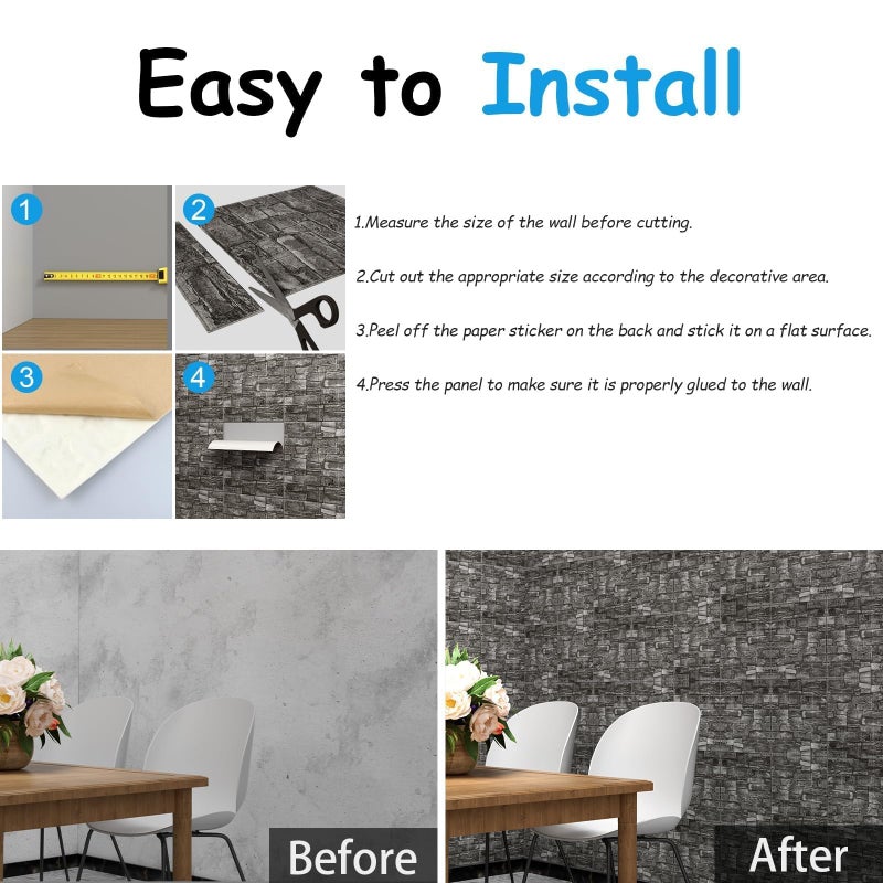 Greymond 3D Wall Panels Peel and Stick in Black Grey Stone, 20 PCS XPE Foam 3D Wallpaper, Textured Faux Brick Wall Panels for Bedroom, Stairs, Kitchen - Image 3