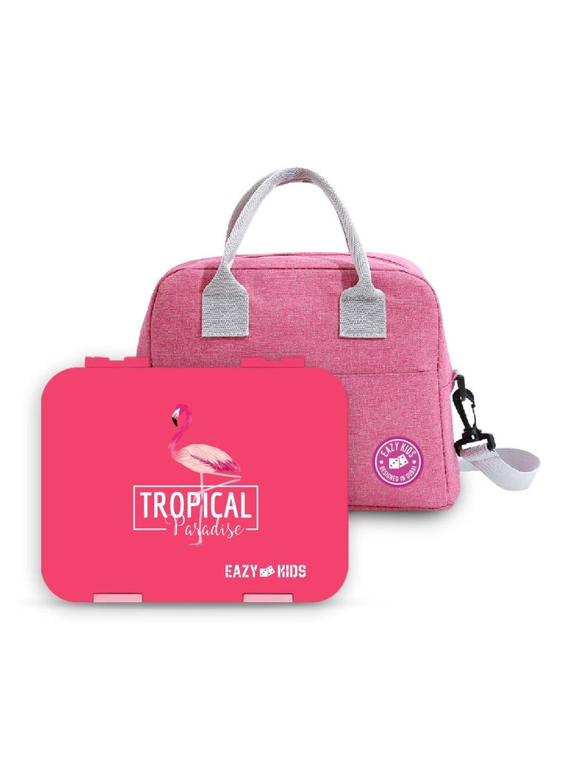 Eazy Kids - 6 & 4 Convertible Bento Lunch Box  w/ Sandwich Cutter Set-TRopical Pink - Image 1