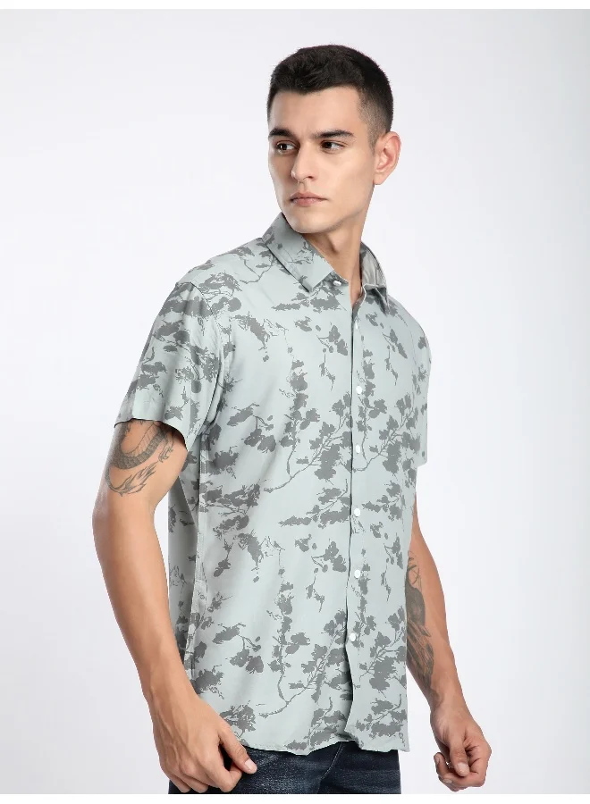 Beyoung Pale Green Flora Half Sleeve Viscose Shirt