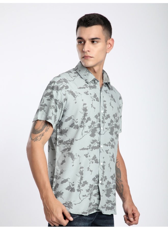 Beyoung Pale Green Flora Half Sleeve Viscose Shirt  - Image 3