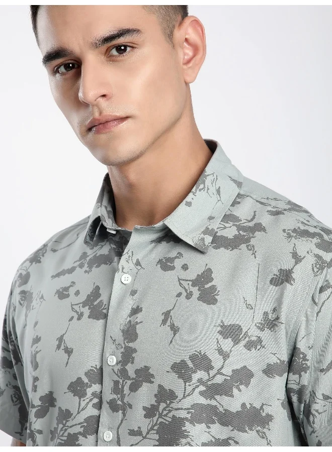 Beyoung Pale Green Flora Half Sleeve Viscose Shirt