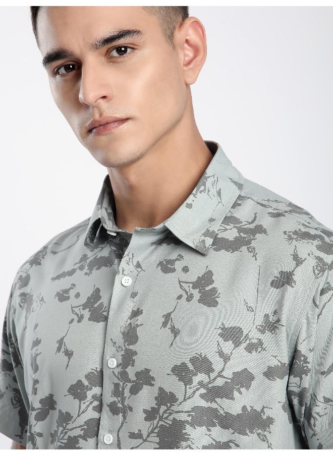 Beyoung Pale Green Flora Half Sleeve Viscose Shirt  - Image 4