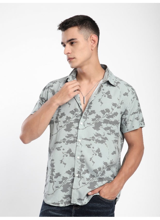 Beyoung Pale Green Flora Half Sleeve Viscose Shirt  - Image 5