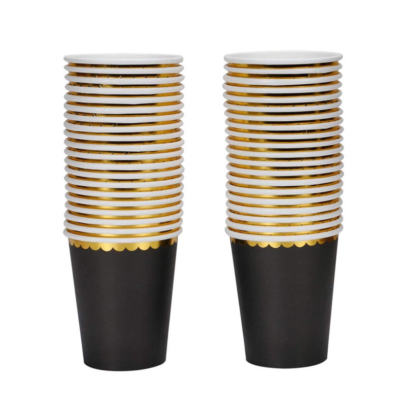 Geeklife Black Party Paper Cups with Gold BorderDisposable Gold Foil Paper Cups Bulks 9 oz 40 pcs for CocktailGraduationBack to School