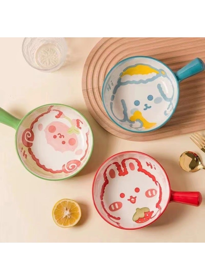 Oven Ceramic Baking Bowl Household Bowl With Handle Fruit Salad Bowl Cartoon Student Dormitory Single Handle Instant Noodle Bowl-Specifications:Default-Capacity:Handle Bowl (water-tight Peach + Poplar)  - Image 2