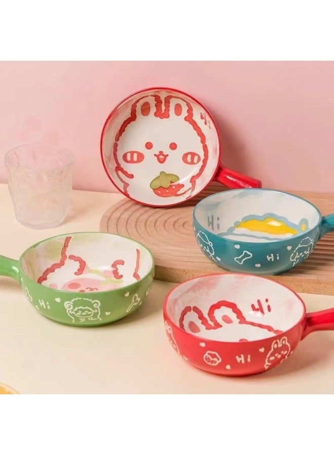 Oven Ceramic Baking Bowl Household Bowl With Handle Fruit Salad Bowl Cartoon Student Dormitory Single Handle Instant Noodle Bowl-Specifications:Default-Capacity:Handle Bowl (water-tight Peach + Poplar)  - Image 3