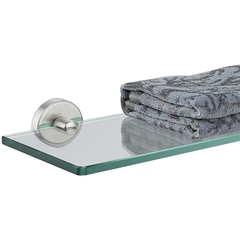 JQK Bathroom Glass Shelf Floating Tempered Glass Shower Storage 16 by 5 inches 304 Stainless Steel Brushed Finish Wall Mount TGS101L16BN