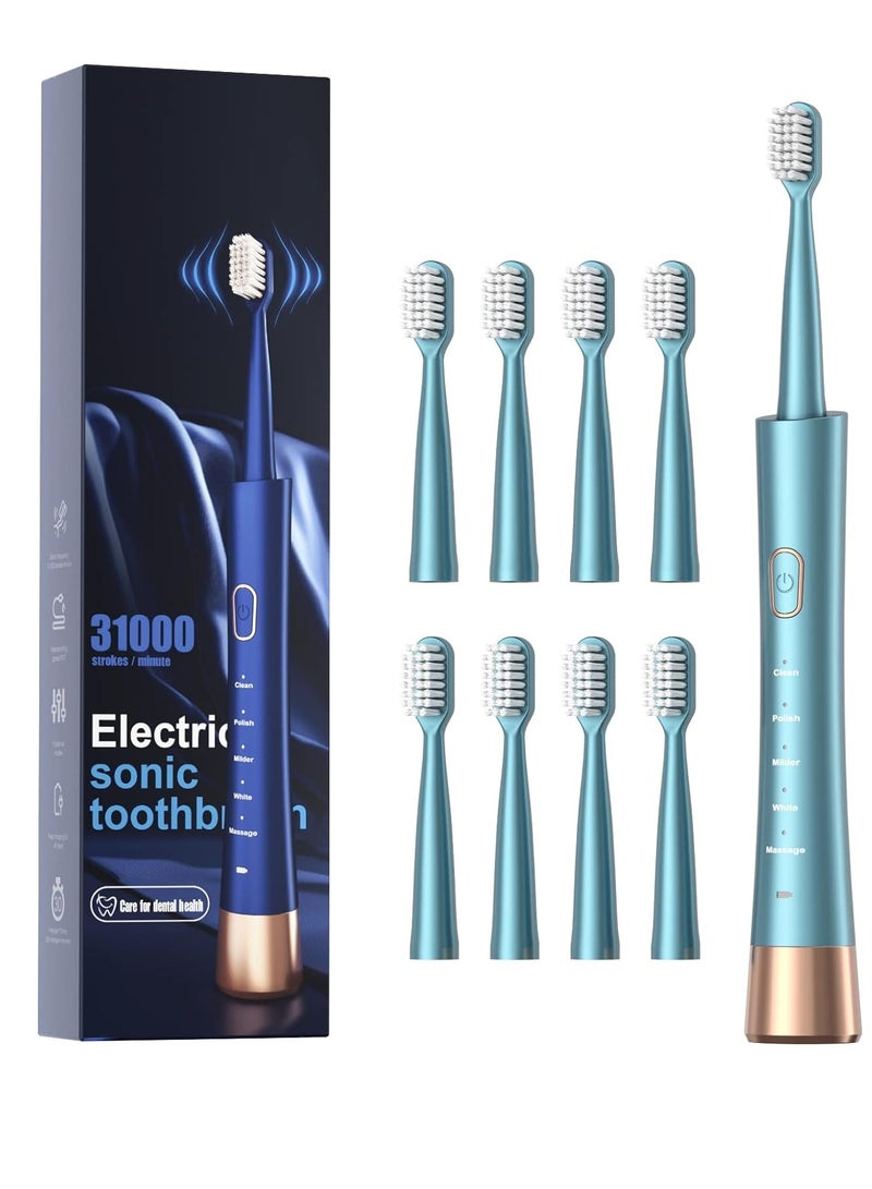 USB Rechargeable Sonic Electric Toothbrush for Adults with Powerful High Vibration Motor Soft Dupont Brush Heads Five Modes and Two Minute Timer Green - Image 1