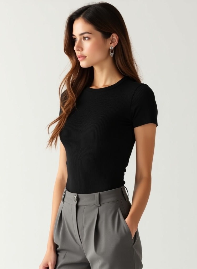 Soft Steps Women's Ribbed Short Sleeve Crew Neck Top – Soft  Fitted T-Shirt | Sizes L Black  - Image 2