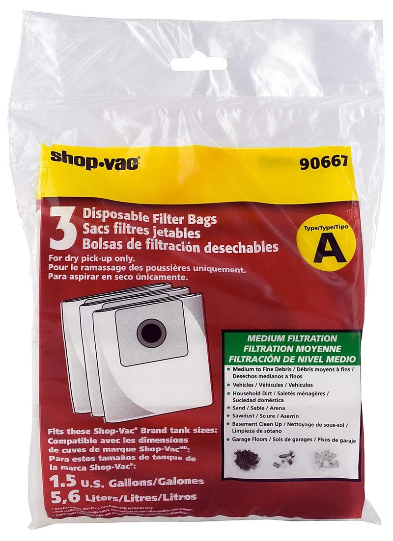 SHOPVAC Shop-Vac 9066733 Disposable Filter Bags, Fits 1-1.5 Gallon Tanks, Dry Pick Up Only, White, (3-Pack)