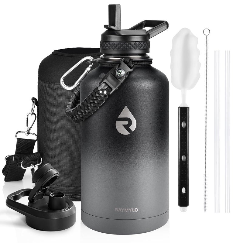 RAYMYLO Insulated Water Bottle 64 oz Triple Wall Vacuum Stainless Steel Cold for 48 Hrs Leak Proof  NonBPA Half Gallon Water Flask Jug with Paracord Handle  Straw Spout Lids Dark Gray