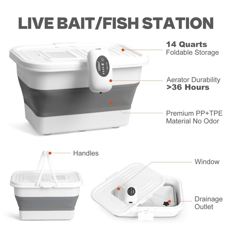 VEYWANE Live Bait or Fish Bucket with Aerator, 14 Quarts Multi-Function Collapsible Fishing Container Box with Rechargeable Air Pump - Image 2