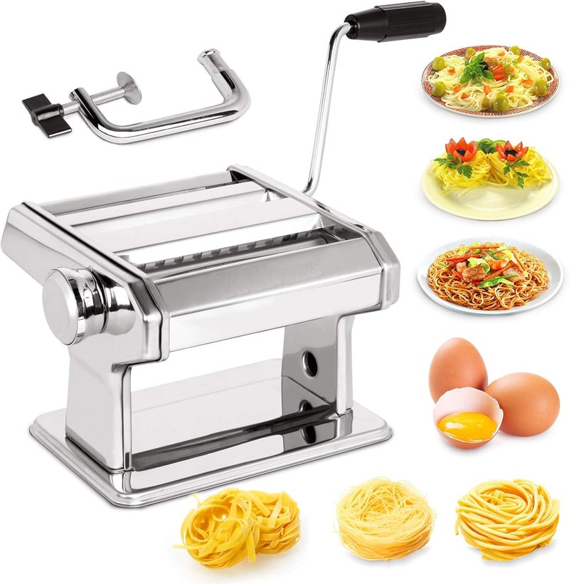 Manual Pasta Maker Machine with Adjustable Dough Thickness, Chrome-Plated Steel Noodle & Spaghetti Maker, Multi-Level Pasta Roller for Lasagna, Fettuccine, Ravioli, Dumpling Wrappers, Clamp - Image 1