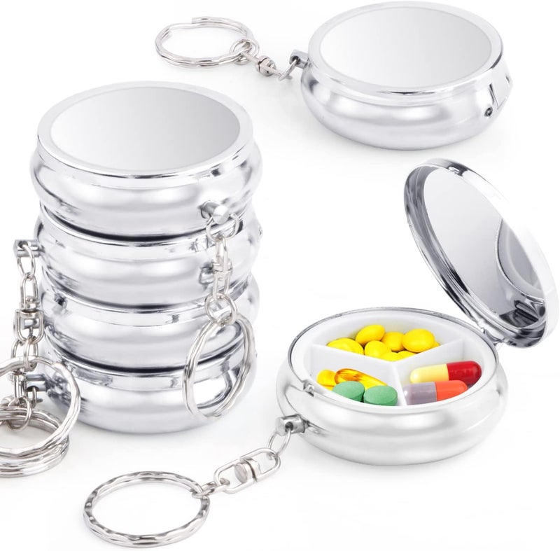 Cositina 6 Pack Metal Pill Case Round Medicine Holder Container Keychain Mini Drug Tablet Organizer Box with 3 Compartments for Pocket Purse Travel Outdoor Daily