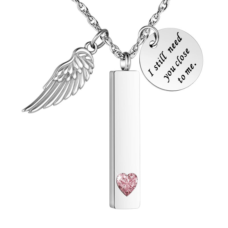 XIUDA Cremation Jewelry for Ashes with Angel Wing Charm Vertical Bar Urn Necklace Stainless Steel Memorial Keepsake Pendant for Women - Image 1