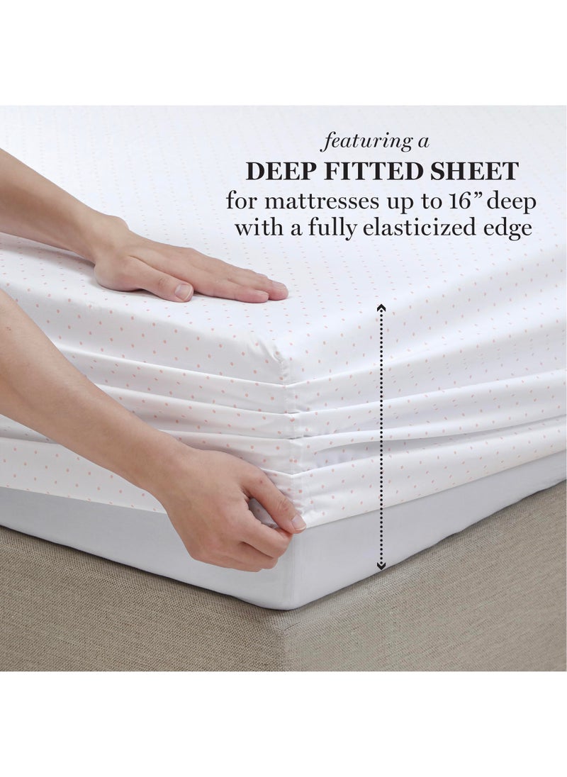 MARTHA STEWART Ultra Soft Brushed and Washed Microfiber 4 Piece Sheet Set  Easy Care  Deep Pocket Comfy Sheets  1 Flat Sheet  1 Fitted Sheet  2 Std. Pillowcases  Queen Size  White & Blush Pink