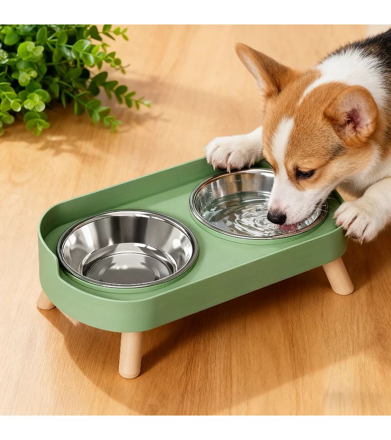 طقم وعاءين مرتفعين من Green Feeder للحيوانات الأليفة الصغيرة، مريح للرقبة، حماية من الانسكاب، تصميم أنيق - Image 2