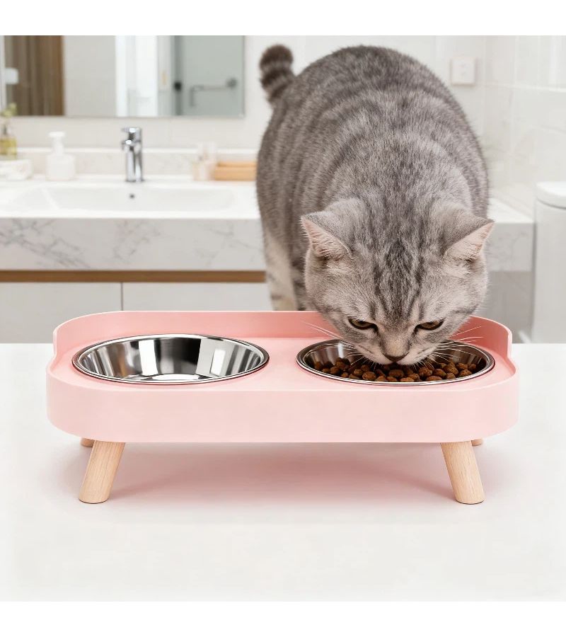 طقم وعاءين مرتفعين من Green Feeder للحيوانات الأليفة الصغيرة، مريح للرقبة، حماية من الانسكاب، تصميم أنيق - Image 4