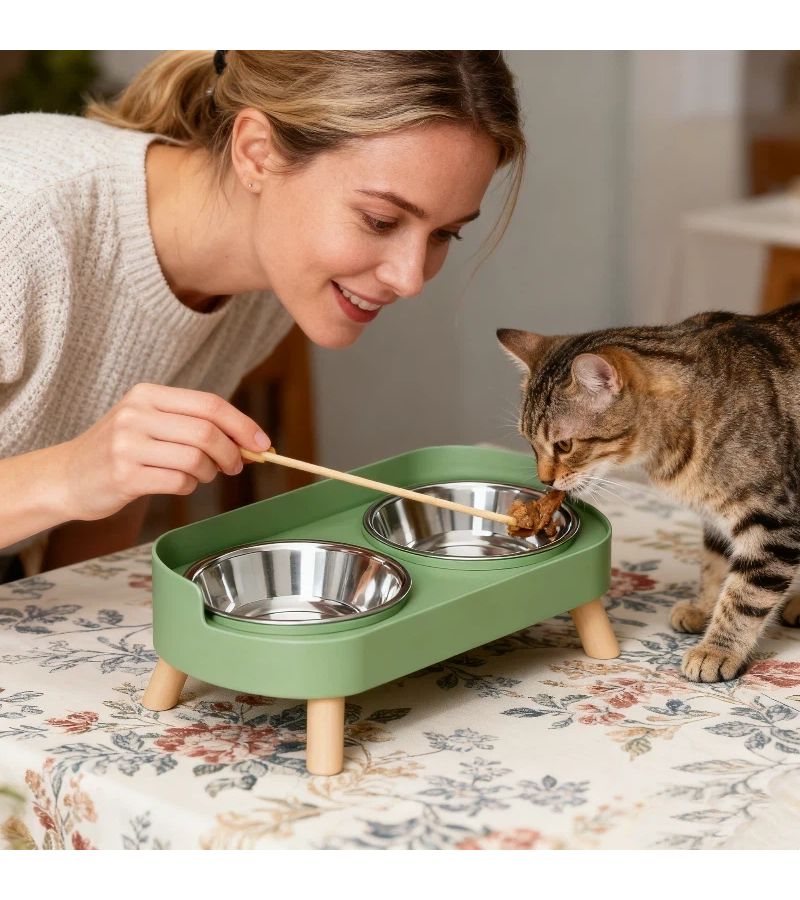 طقم وعاءين مرتفعين من Green Feeder للحيوانات الأليفة الصغيرة، مريح للرقبة، حماية من الانسكاب، تصميم أنيق - Image 5