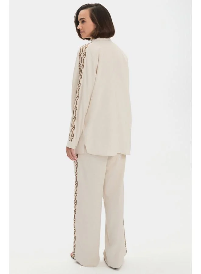 JUNE June Women Linen Blend Embroidered Detailed Shirt Trouser Set Beige