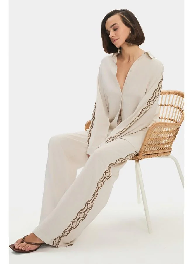 JUNE June Women Linen Blend Embroidered Detailed Shirt Trouser Set Beige