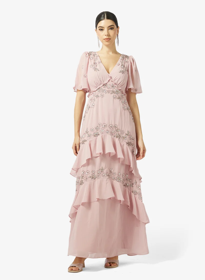 Maya Embellished Short Sleeve Ruffle Maxi Dress