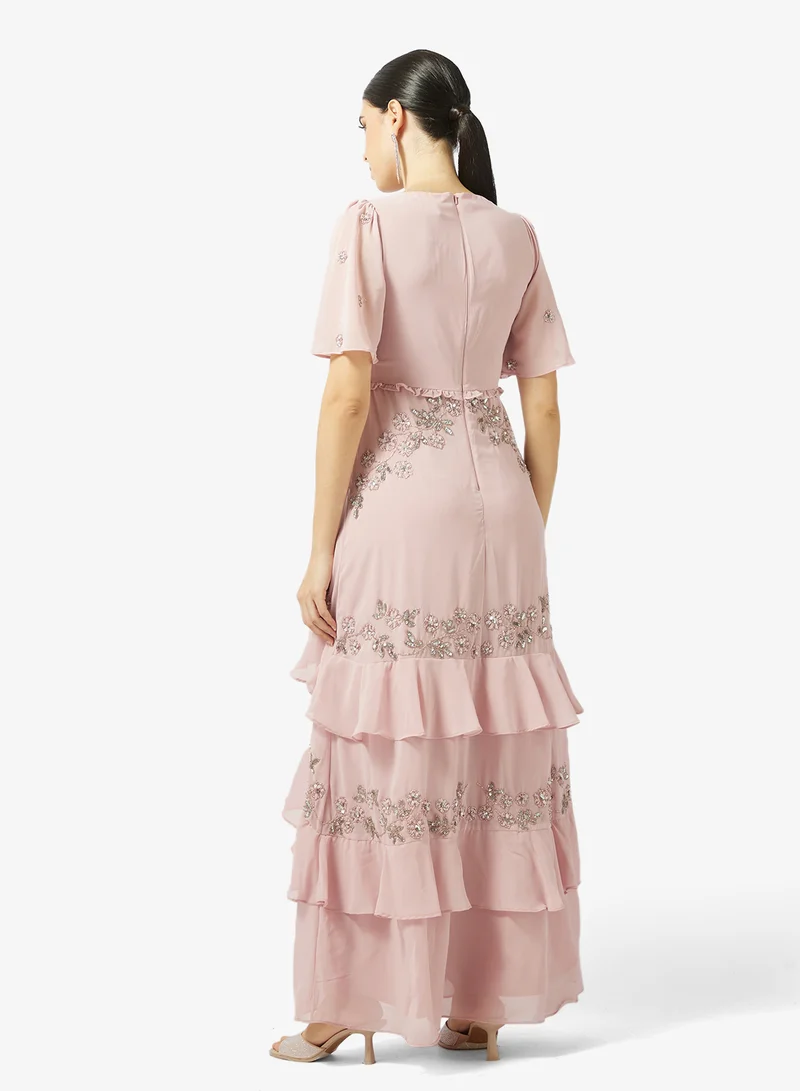 Maya Embellished Short Sleeve Ruffle Maxi Dress