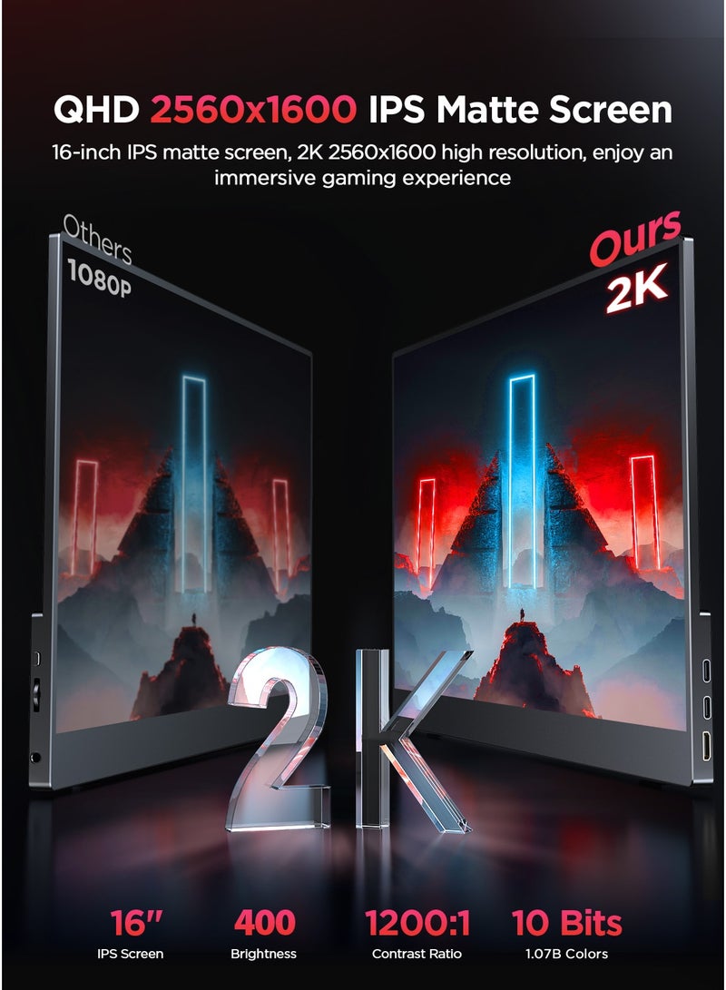 UPERFECT 2K 16'' Portable Monitor 2560*1600 QHD external Screen Display USB C Mini HDMI for Laptop PC Smartphone XBO Switch PS4/5, Metal Body, Portable Screen VESA Mountable - Image 2
