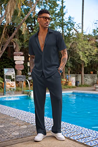 COOFANDY Men Matching Shirt and Pant Set Casual Short Sleeve Shirt Beach Walking Pants - Image 2