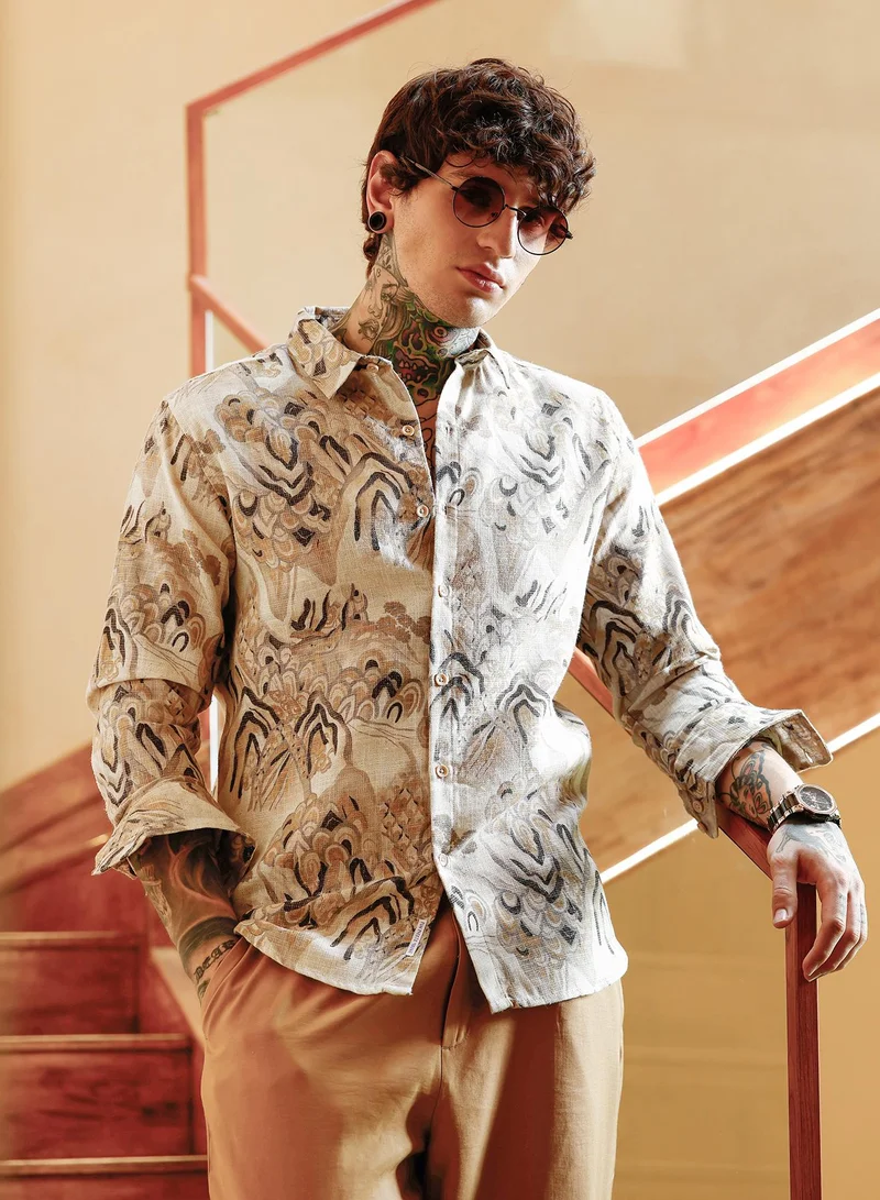 كامبوس سوترا Campus Sutra Men Strokes-Imprint Brushed Shirt | Spread Collar Long Cuffed Sleeves | Button Closure Curved Hem | Abstract Print Brushed | Woven Fabric For Casual & Party Wear | Ecru Beige