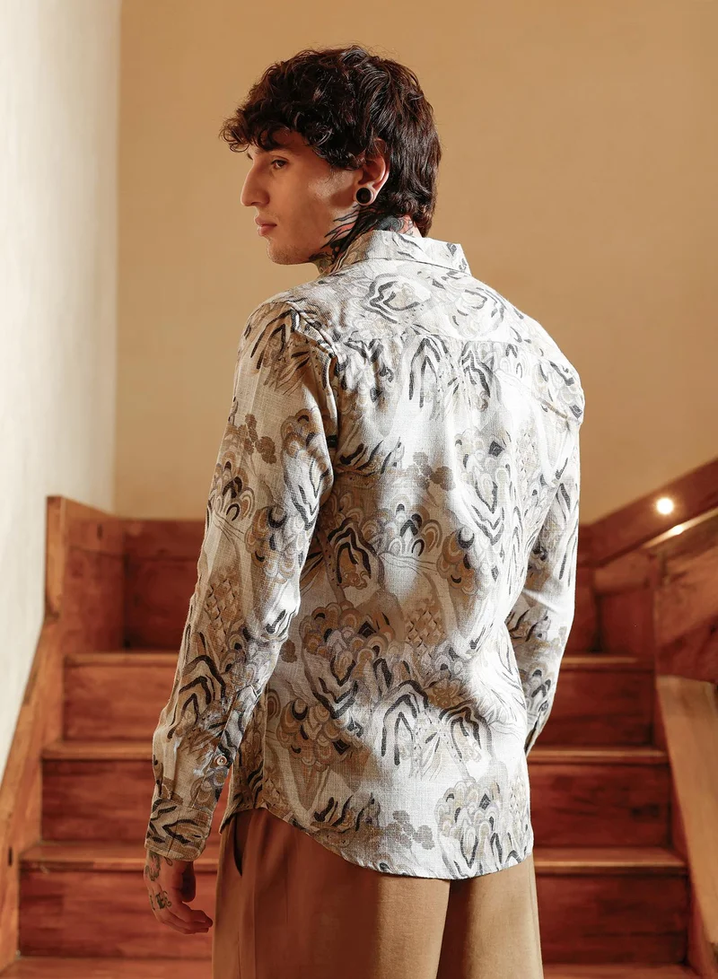 Campus Sutra Campus Sutra Men Strokes-Imprint Brushed Shirt | Spread Collar Long Cuffed Sleeves | Button Closure Curved Hem | Abstract Print Brushed | Woven Fabric For Casual & Party Wear | Ecru Beige